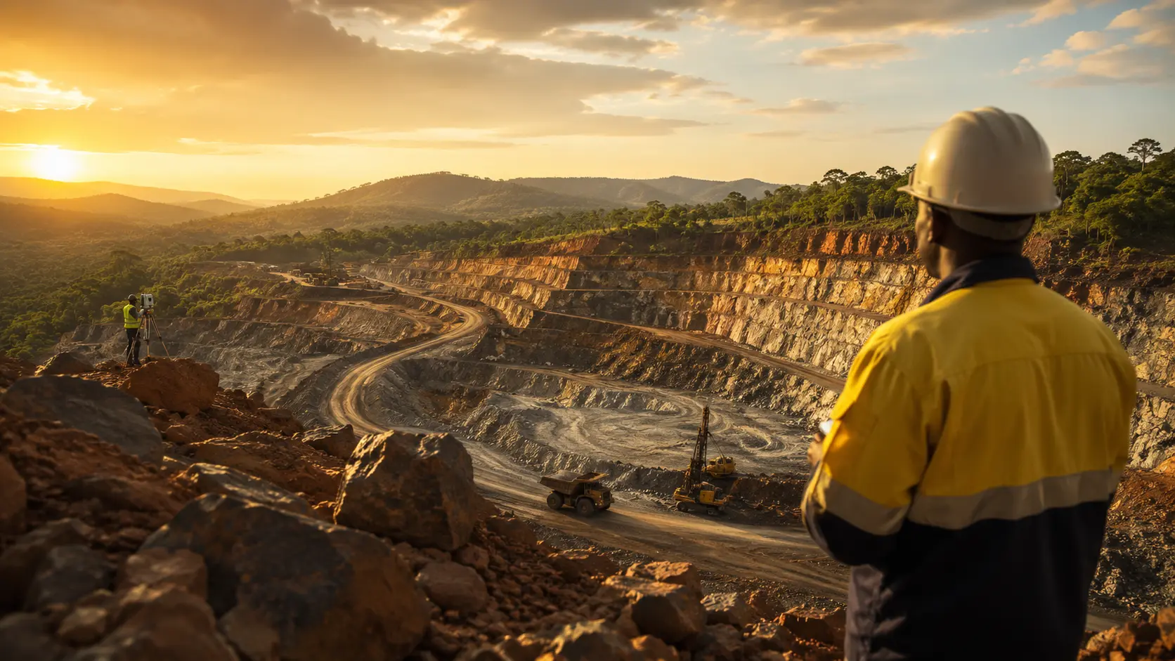Open-pit mining operation at sunset