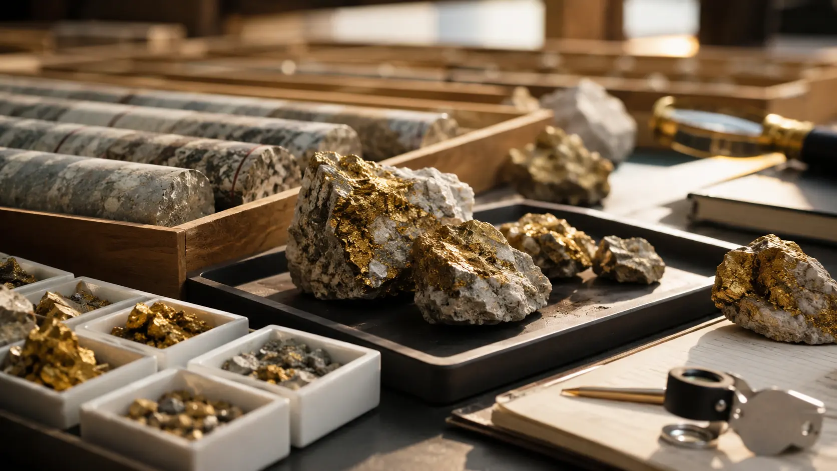 Gold-bearing ore samples prepared for review